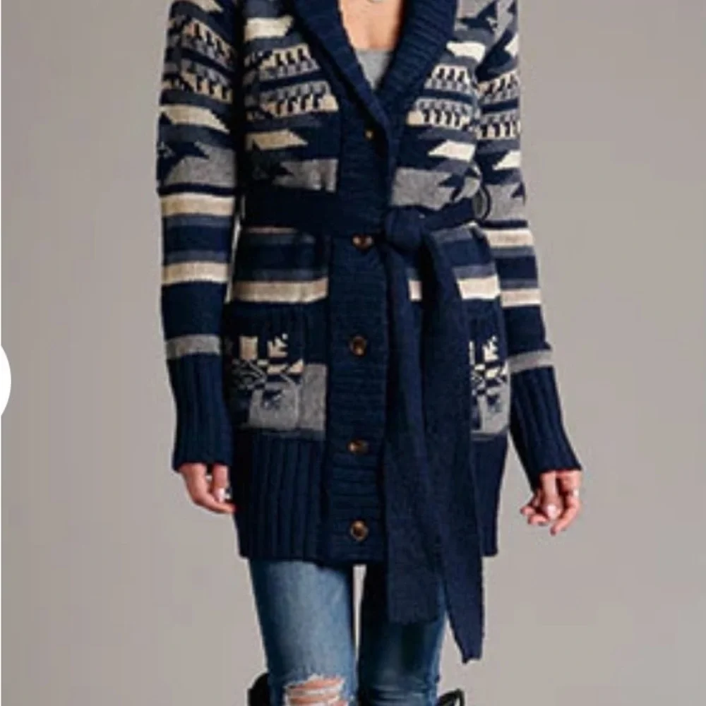Stetson Indigo Aztec Belted Cardigan. Wool blend. Shawl collar. Tribal. Western - Picture 4 of 15